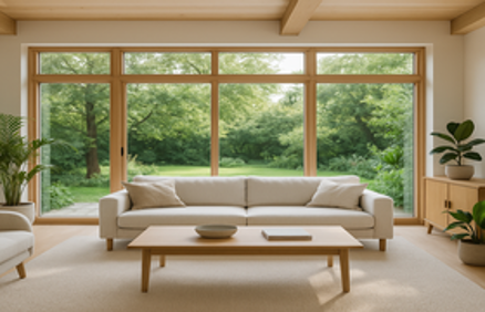 A serene minimalist living room with light wood accents, indoor plants, and a large window overlooking a lush green garden, representing natural mindfulness home design