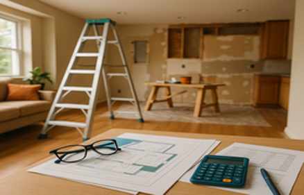 Architectural blueprints and a calculator on a desk with a home renovation in progress in the background, representing navigating the remodeling market