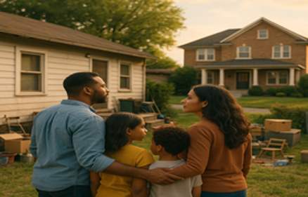 Family looking from a smaller home toward a larger house, symbolizing the need for more space
