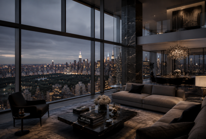 Luxury New York penthouse living room overlooking the Manhattan skyline at dusk