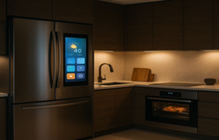 Modern smart kitchen with a touchscreen refrigerator and built-in oven with warm interior lighting at night