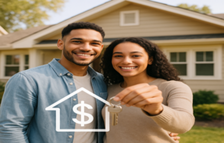 Smiling couple holding house keys in front of their new home with a no money down mortgage