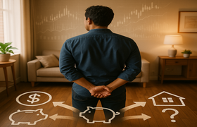 Man contemplating financial readiness to buy a home with savings and homeownership icons on the floor