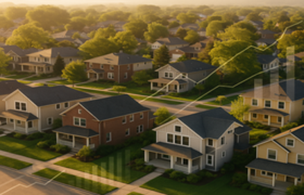 Aerial view of a suburban neighborhood with an upward trending line graph overlay, symbolizing expanding home-buying opportunities in opportunity zones