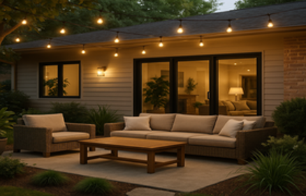 Cozy outdoor patio with string lights, comfortable seating, and warm evening ambiance