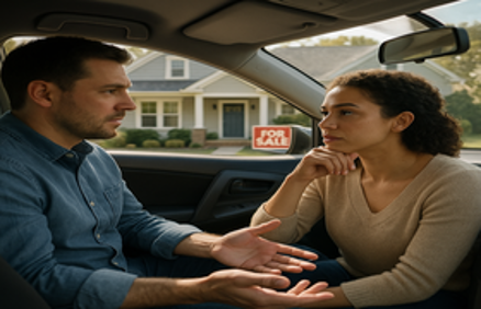 Couple discussing a for-sale home from inside their own car during a home viewing