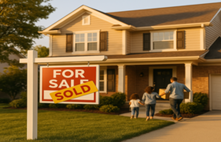 FOR SALE sign with SOLD banner in front of a suburban home as a family walks toward the front door