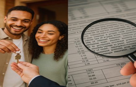 Split image of a couple receiving house keys and a magnifying glass examining a mortgage document, representing private mortgage insurance decisions
