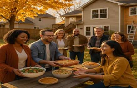 Neighbors gathered for an autumn backyard potluck with shared dishes and golden fall foliage, representing pumpkin spice season community