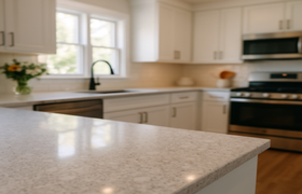 A modern bright kitchen with a light speckled stone countertop, white cabinets, and stainless steel appliances, representing quartz, granite, and laminate countertop options