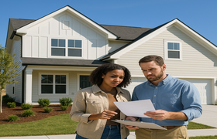 A couple reviewing documents on a clipboard in front of a newly constructed suburban home, representing questions to ask when buying new construction