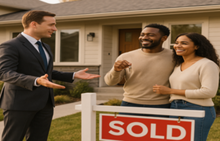 Real estate agent with a happy couple holding house keys in front of a suburban home with a SOLD sign, representing a smoother homebuying journey