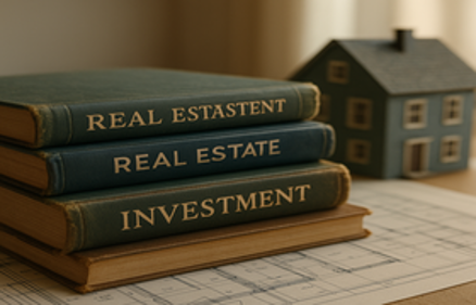 Stack of real estate and investment books next to a model house on architectural blueprints