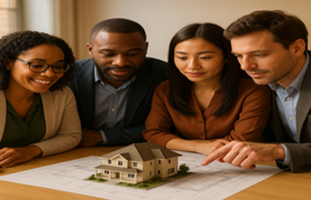 A diverse group of real estate investors collaborating around a house model and architectural blueprints on a table