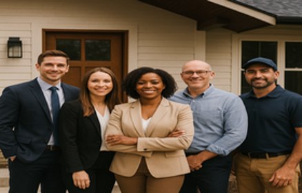 Group of five real estate professionals standing together in front of a suburban home