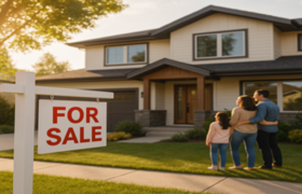 A family looking at their suburban house with a For Sale sign in the front yard during sunset