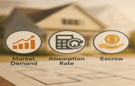 Infographic showing market demand, absorption rate, and escrow as key real estate transaction factors