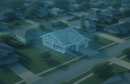 Aerial view of a suburban neighborhood with a central house highlighted by a glowing architectural wireframe overlay, representing rebuilding costs and homeowners insurance