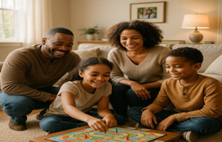 A happy family of four playing a board game together in their living room, representing the financial benefits of refinancing a mortgage