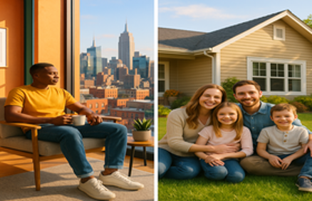 Split image comparing urban apartment renting with suburban home ownership and a family on the lawn