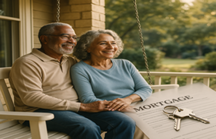 Smiling senior couple on a porch swing with a mortgage document and house keys overlay, representing reverse mortgage loan eligibility