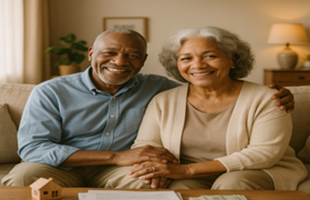 A smiling elderly couple sitting together on a couch with a model house and documents on the coffee table, representing whether a reverse mortgage is right for you