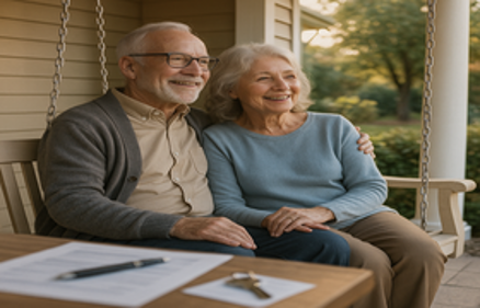 Smiling elderly couple on a porch swing with financial documents and house keys, representing reverse mortgage and retirement benefits
