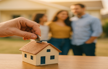 Hand putting a coin into a house-shaped piggy bank with a family and home in the background