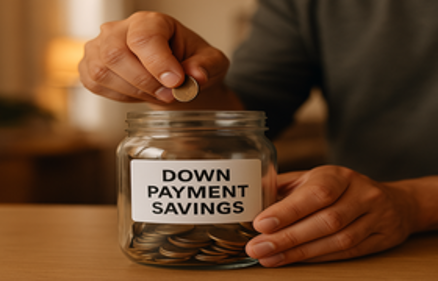 A person dropping a coin into a glass jar labeled Down Payment Savings on a wooden table, representing saving for a home down payment