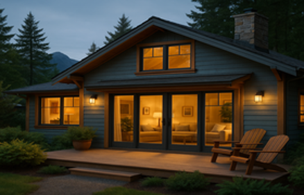 Cozy modern cabin with warm interior lighting and wooden deck at dusk in a wooded mountain setting, representing a second home mortgage