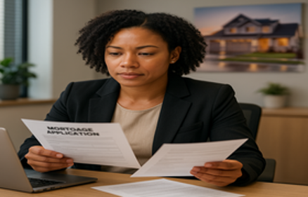 A professional woman reviewing a mortgage application document at her desk, representing securing a mortgage as a small business owner