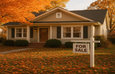 Suburban home with a FOR SALE sign and autumn foliage in the front yard