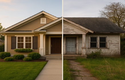 Before and after split comparison of a suburban house showing renovated curb appeal versus a dilapidated home needing repairs