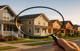 Hand holding a magnifying glass over a row of suburban houses, symbolizing careful home search in a competitive market