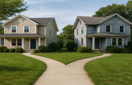 Two suburban homes with a sidewalk fork in the road, symbolizing the choice between a short sale and a foreclosure