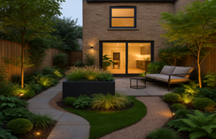 A beautifully landscaped small modern backyard with stone patio, curved paths, lush greenery, and warm outdoor lighting at dusk