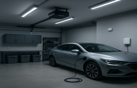 A modern organized garage with an electric car plugged into a wall-mounted charging station, LED lighting, and smart storage solutions