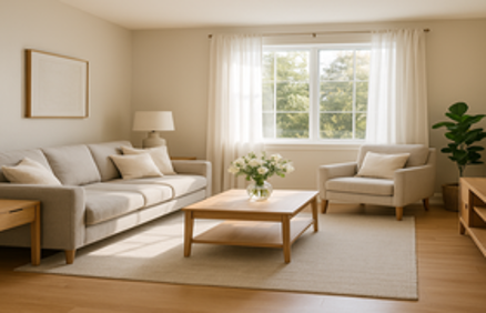 A bright, professionally staged living room with neutral furniture, fresh flowers, and natural light, representing home staging for a faster sale