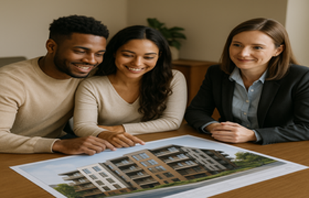 Couple and real estate professional reviewing an architectural rendering of an apartment building at a table, representing how much is needed to start investing in real estate