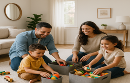 Family organizing toys together in storage bins in a bright living room