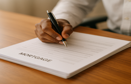 Hand signing mortgage closing documents with a pen on a wooden desk