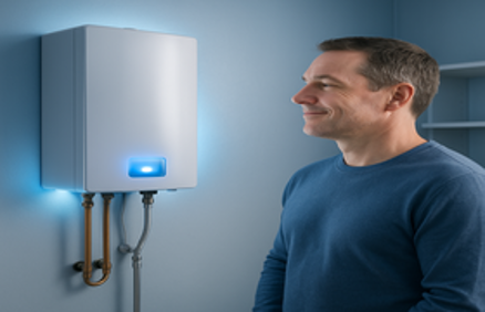 A man admiring a modern wall-mounted tankless water heater with blue accent lighting in a home utility room