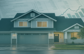 Suburban home with overlaid financial spreadsheet, line graph, and bar chart graphics, representing how tax reform affects real estate investments
