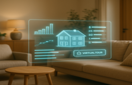 Holographic real estate interface with house icon, charts, and virtual tour button overlaid on a modern living room, representing how technology is changing the real estate process