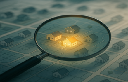 Magnifying glass highlighting a glowing house on a neighborhood map, representing off-market property search
