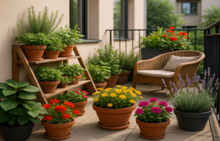 Vibrant urban balcony garden with potted flowers, herbs, and a wicker armchair, illustrating home staging with small-space gardening