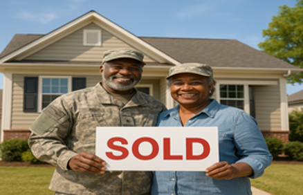 Military couple holding a SOLD sign in front of their new home