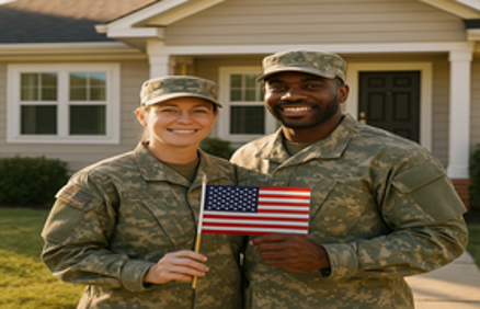 Two smiling US military service members in uniform holding a small American flag in front of a new home