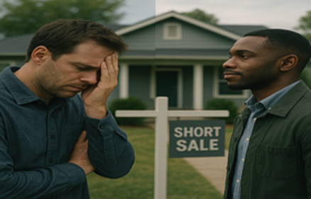 Distressed homeowner and professional standing in front of a house with a Short Sale real estate sign